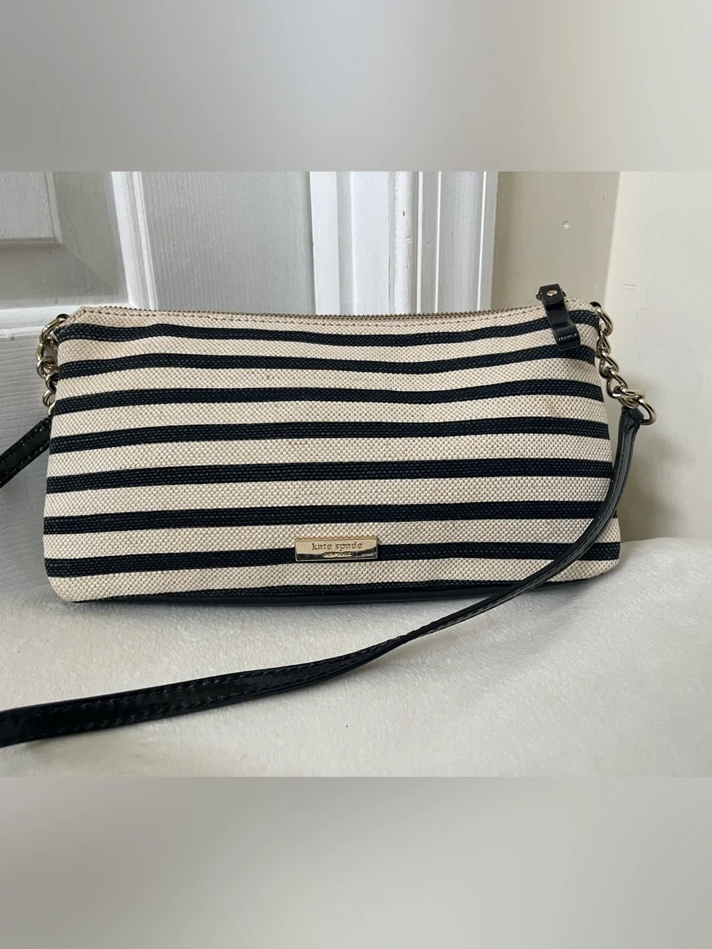 kate spade Black and Cream Striped Crossbody with Bow Detail